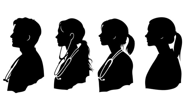 Silhouettes of medical professionals in profile, including two men and two women