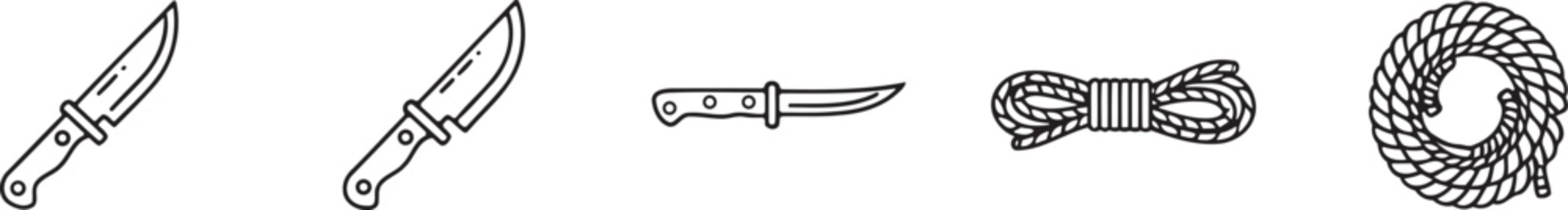 Black and white line art illustration of knives a kukri and coils of rope
