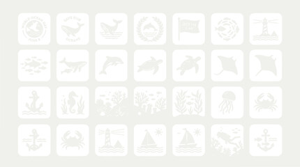 Nautical Icons Set: Marine Life, Ocean Symbols, Nautical Elements, Sea Creatures, Maritime © Teh