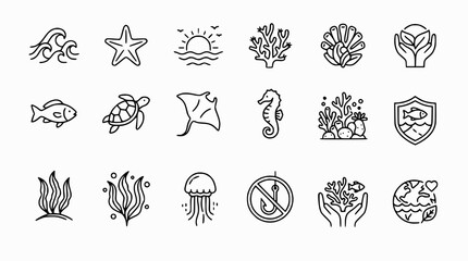 Ocean Life Icons: Sea Creatures, Coral Reefs, Marine Conservation, Hand-Drawn Vector Symbols © Teh