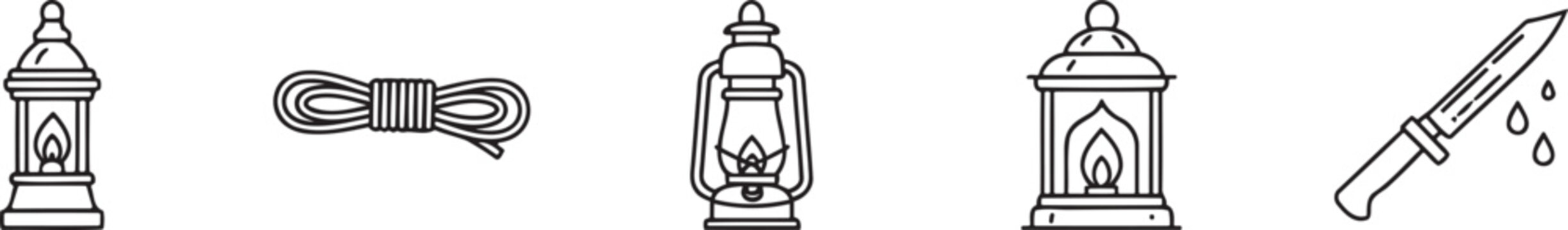 Survival equipment icons lanterns rope and knife linear vector illustration