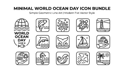 World Ocean Day Icon Bundle: Marine Life, Ecology, Sea Conservation - Minimal Line Art © Teh