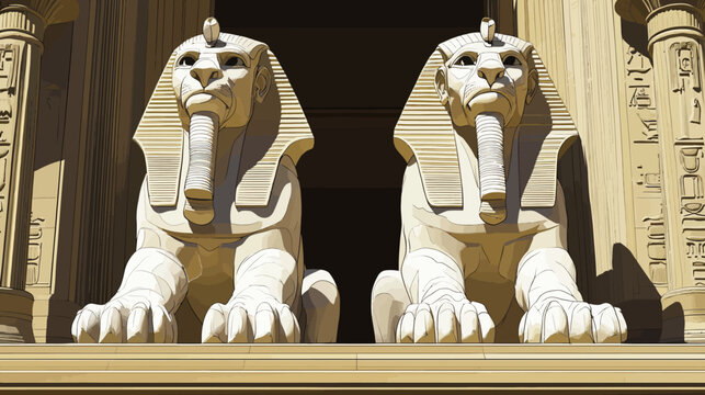 Two colossal sphinx statues with hieroglyphic pillars, casting shadows in an enigmatic golden-hued ancient entrance. Statuesque guardians of Pharaohs timeless