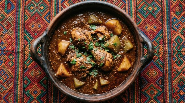 Guatemalan Pepi&aacute;n Stew Dark Seed Chili Sauce Chicken Potatoes Woven Textile Overhead


