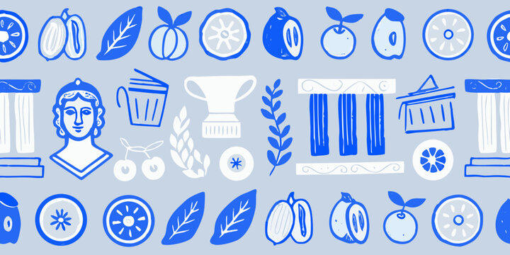 blue and white greek pattern with classical motifs