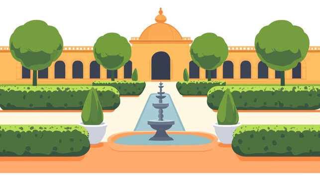 Symmetrical courtyard with a central fountain and an orange-domed building now