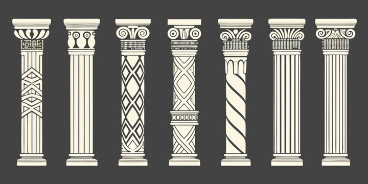 eight classical column designs architectural illustration on dark background