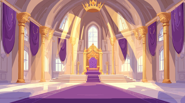 Glowing castle throne room with goldenpillars, purple banners, crown-shaped chandelier, ornate throne