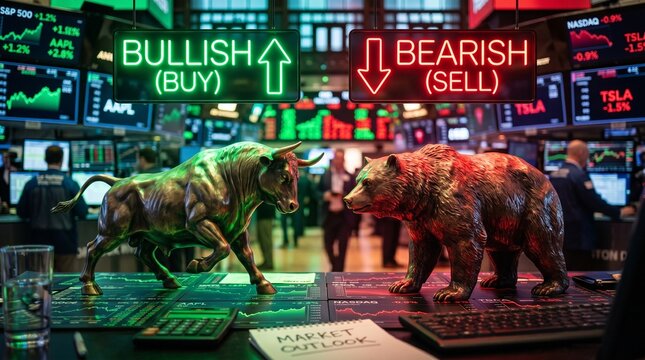 Financial market duality showing bull buy and bear sell signals in a busy stock exchange
