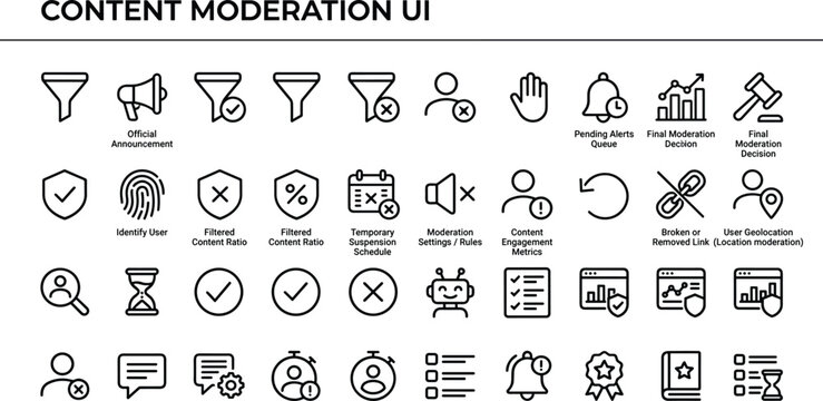 Content moderation UI icons set featuring filtering review approval user management alerts and digital platform safety elements for applications