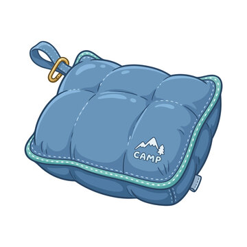 Blue inflatable camping pillow with mountain logo and loop