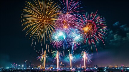 Fototapeta premium Colorful fireworks over city skyline at night