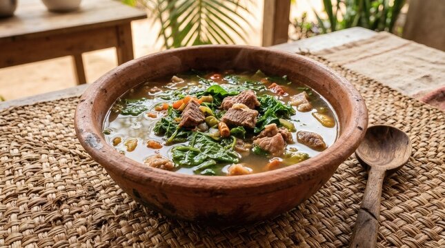 Malagasy Romazava Stew Light Clear Broth Beef Pork Mixed Greens Clay Pot Woven

