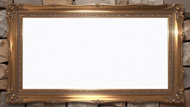 Golden ornate frame on brick wall with blank canvas video frame.
