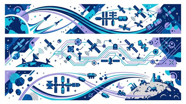 Celestial Canvas: An illustration of a network of space-bound elements. The design creates a dynamic representation of orbital technology