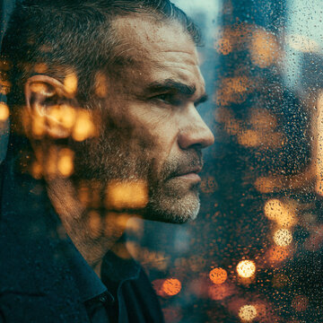 Urban Portrait of a Thoughtful Mature Businessman in a Rainy Cityscape