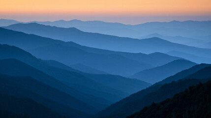 Fototapeta premium Sunrise over the Great Smoky Mountains in Tennessee, Blue Ridge mountain landscape concept, with copy space