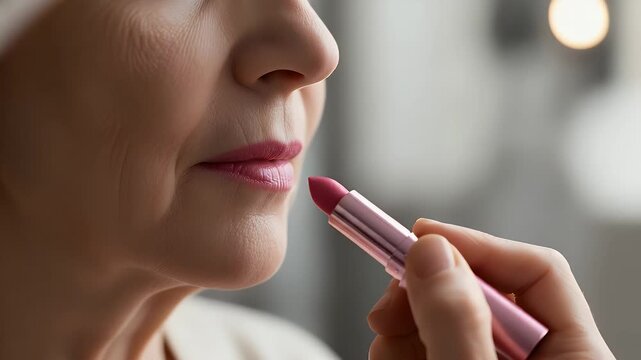 Close up of a woman's face applying pink lipstick with a beautiful expression and detailed skin texture for makeup application and beauty.