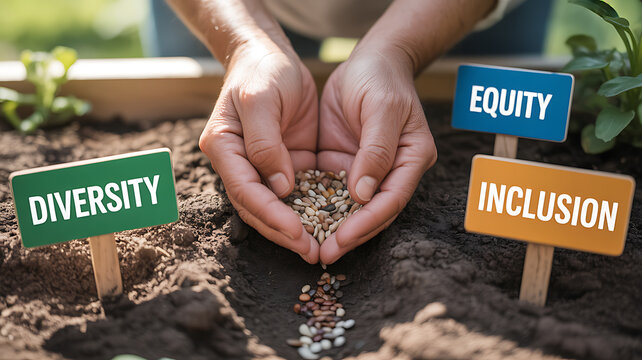 Hands planting seeds with diversity inclusion equity signs emphasizing clean environment and eco-friendly concepts