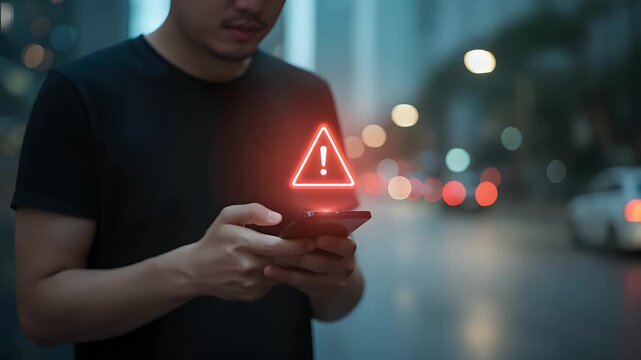 Man looking at his smartphone screen while a glowing red hazard warning sign illuminates the device indicating a critical security alert or a software system error notification