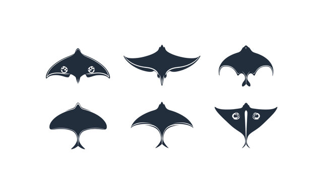 Six stylized stingray illustrations in a dark blue hue on a bright white backdrop