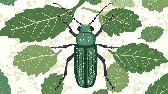 An emerald beetle with speckled shell sits among layered green leaves camouflaged