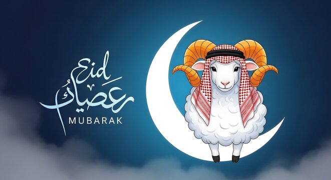 Eid al adha mubarak joyful islamic eid day concept with colorful sheep and crescent moon