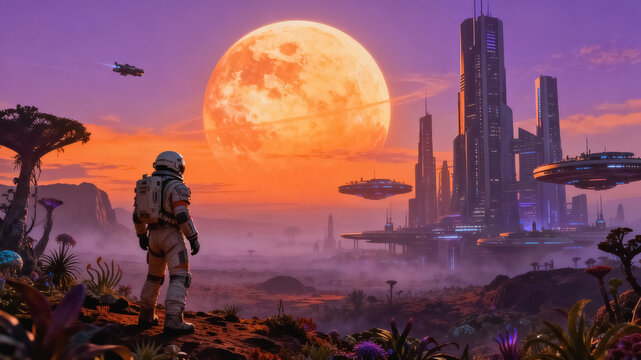 A suited astronaut stands on an alien hillside, gazing at a futuristic orbital city beneath a giant blood moon, with hovering spacecraft in the hazy twilight sky.