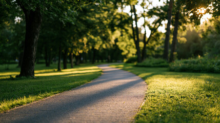 Obraz premium Sunlit path in a park leading into soft sunset light, peaceful nature walkway concept, with copy space