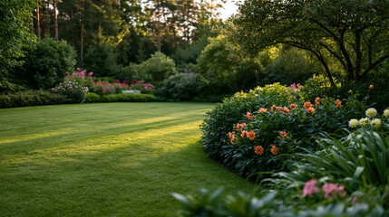 Fototapeta premium Picturesque home garden flourishing with vibrant flora and manicured lawn bathed in soft morning sunlight, garden oasis concept, with copy space