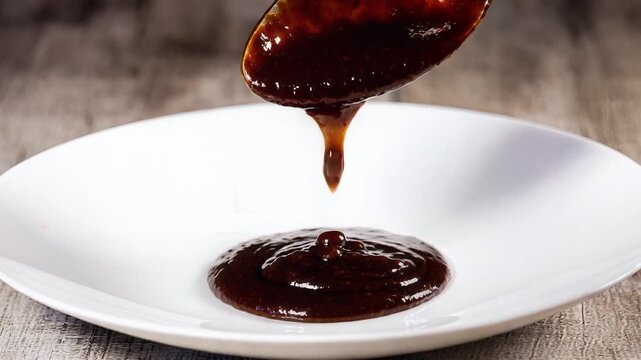 Delicious Brown Sauce Pouring from Spoon into White Plate Food Concept.