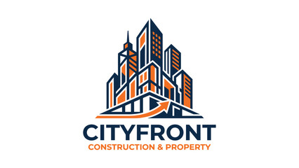 Obraz premium A modern logo for Cityfront Construction & Property featuring a stylized cityscape with blue and orange buildings and an upward-pointing arrow.