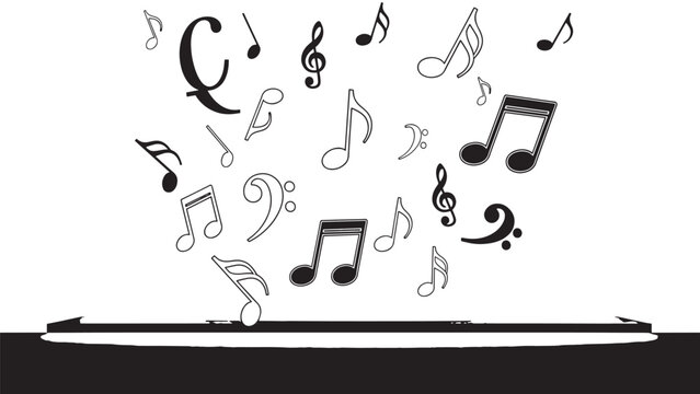 Whimsical piano keyboard with floating musical notes illustration for music themed concept.