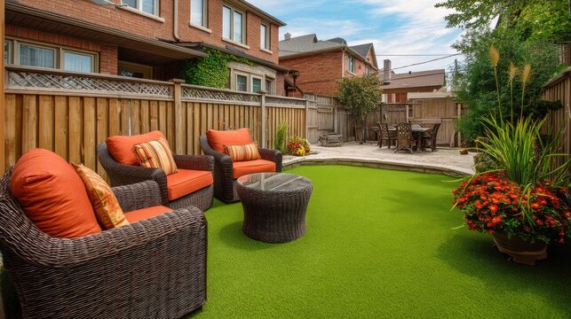 Cozy backyard retreat with modern furniture, vibrant green artificial lawn, colorful flowers, and comfortable seating amid a serene residential neighborhood