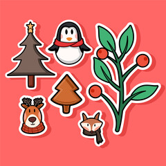 Naklejka premium Cute Christmas Animal and Winter Sticker Element Set