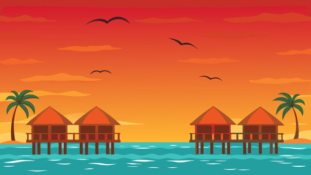 tropical bungalows over water at sunset vector illustration