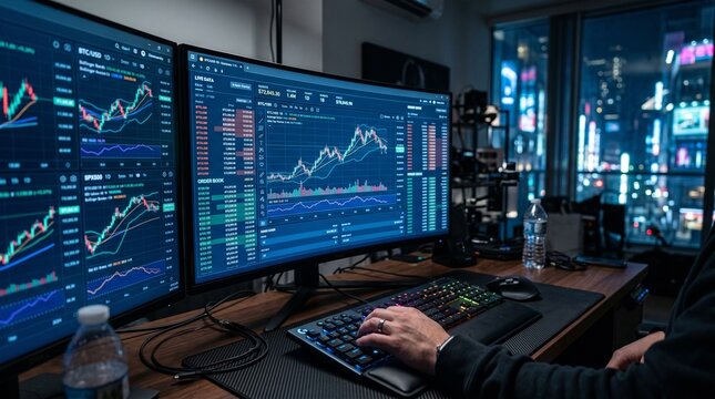 Professional trader using multiple monitors for cryptocurrency and stock market analysis at night