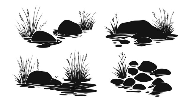 Black and white illustration of four natural scenes rocks, reeds, and water reflections