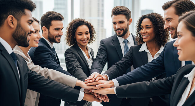 Corporate business team joining hands together in office perfect for successful partnership and professional teamwork