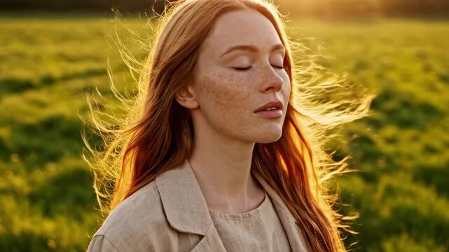 Golden Irish women meadow portrait of a red haired adult woman with freckles, eyes closed in sunset light, beige linen jacket, peaceful field ambience, cinematic natural lifestyle, premium image