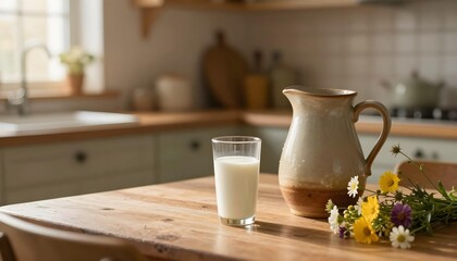 A pitcher of milk next to a floral arrangement on a kitchen counter, representing the essence of Dairy Month