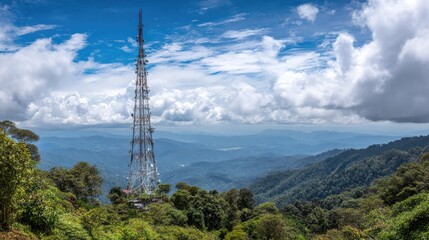Obraz premium Towering Communication Antenna Surrounded by Lush Green Mountains Under a Dramatic Blue Sky with White Clouds in a Remote Landscape