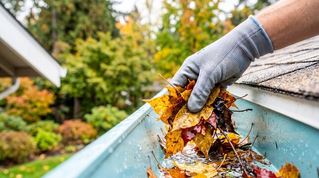 Close-up of gloved hands removing autumn leaves and debris from a rain gutter during home roof maintenance, seasonal outdoor cleanup and drainage care.