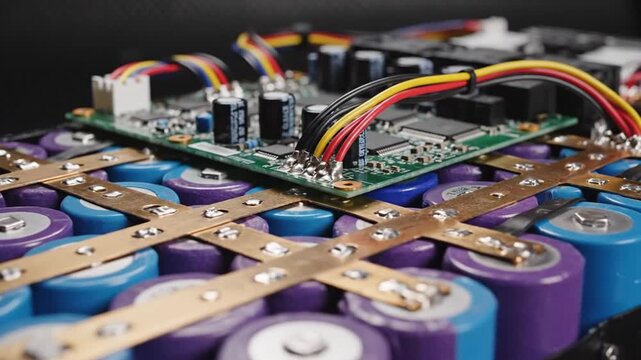 Detailed Internal View of a Disassembled Rechargeable Lithium-Ion Cell Battery Pack Showing Metallic Components, Electrodes, Foil, and Industrial Energy Storage Technology for Electric Vehicles