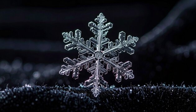 Intricate snowflake crystal on dark fabric with six-fold symmetry in macro detail