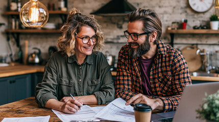 Fototapeta premium Productive Millennial Couple in a Creative Home Office: Modern Workspace Collaboration with Natural Light and Vintage Decor