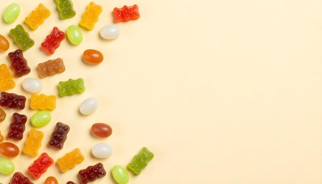 Bright jelly beans on a cheerful yellow surface, capturing the essence of vintage sweets and nostalgic outdoor snacks