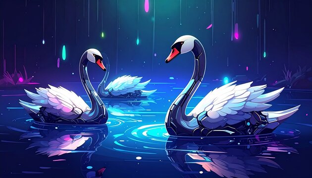 Robotic swans gliding on futuristic holographic water with neon reflections
