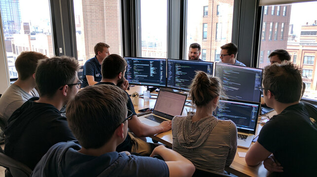 Teamwork and Collaboration: IT Professionals Engage in Software Development and Programming in a Modern Office Workspace