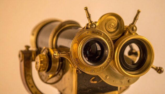 Vintage brass stereoscope with dual eyepieces and lens close-up